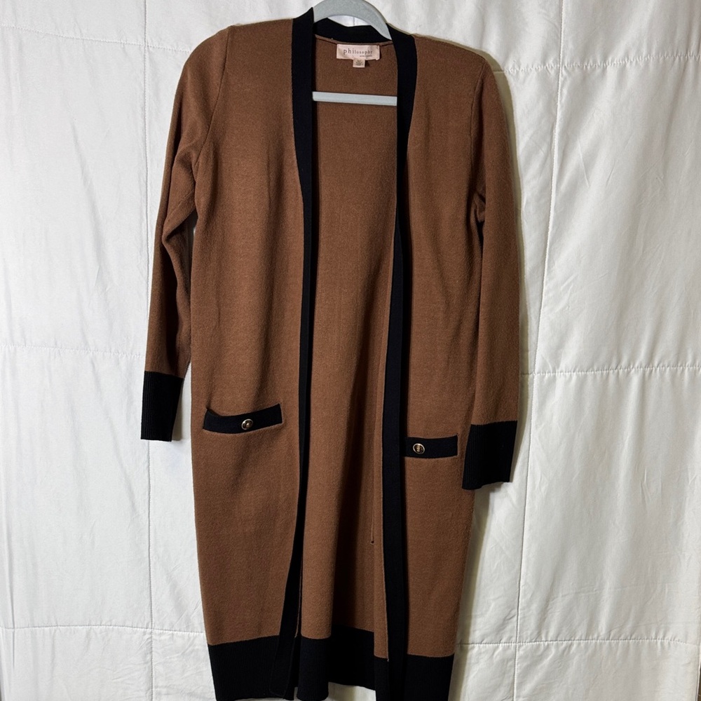 Philosophy Long Open Front Cardigan Brown‎ Black Trim Size S
